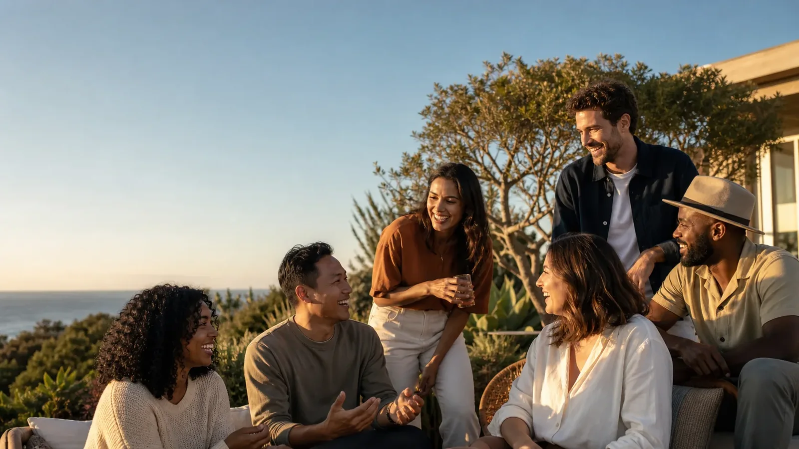 A diverse group of adults enjoying a relaxed outdoor conversation